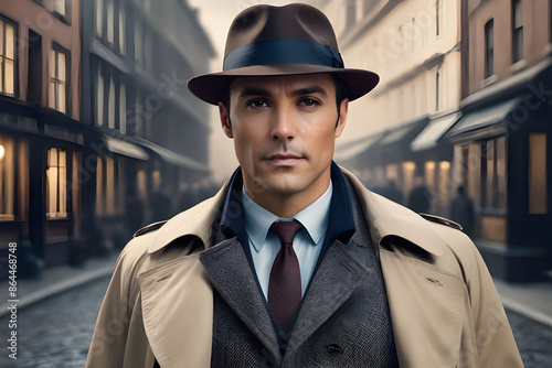 portrait of a detective with a trench coat fedora