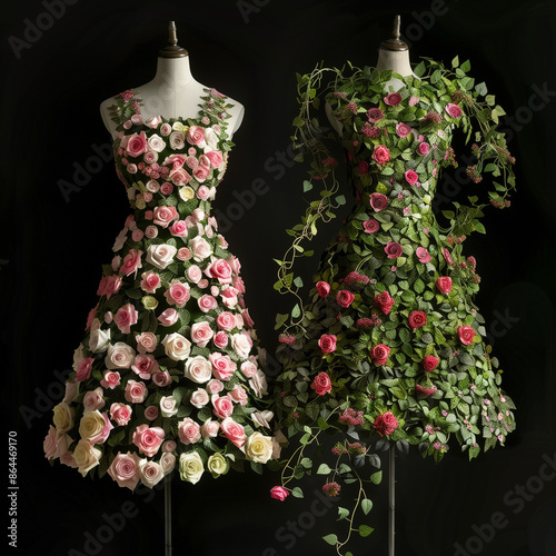 The photograph shows two dresses made of roses and other flowers displayed on mannequins. The dresses are richly adorned with floral motifs, with carefully arranged flowers creating a luxurious look. 