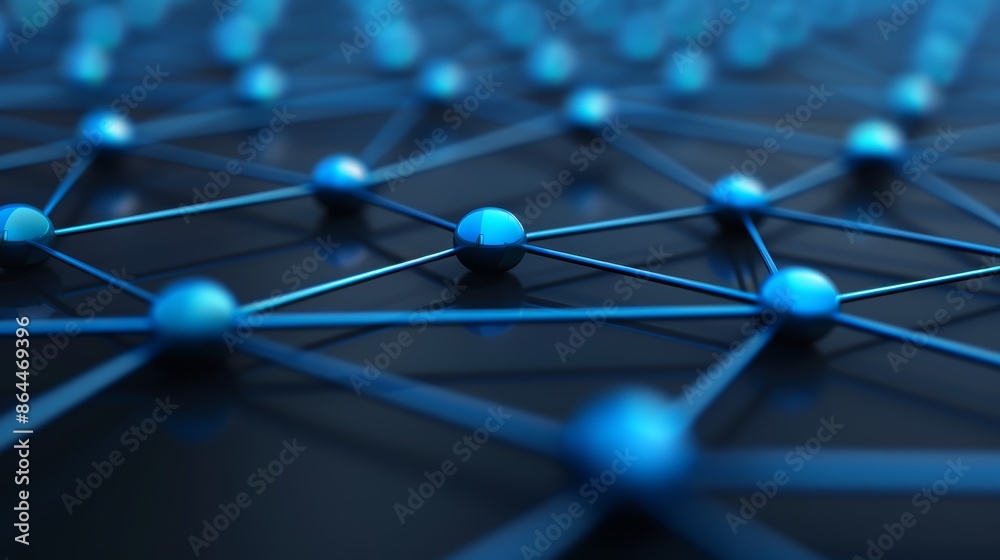 Abstract digital network connection with blue glowing nodes and lines, dark surface background, representing advanced technology and connectivity concepts Abstract digital network connection with blue glowing nodes and lines, dark surface background, representing advanced technology and connectivity concepts