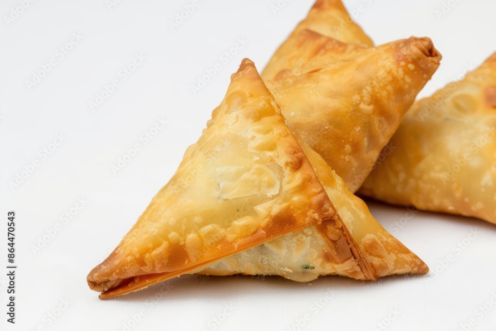 Crispy samosas filled with spiced potatoes, isolated with ample copy space Crispy samosas filled with spiced potatoes, isolated with ample copy space