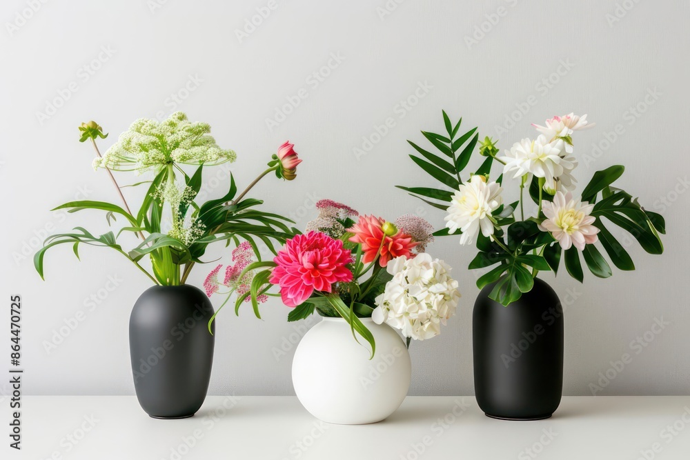 Exquisite arrangements from a flower show against a pristine white backdrop Exquisite arrangements from a flower show against a pristine white backdrop