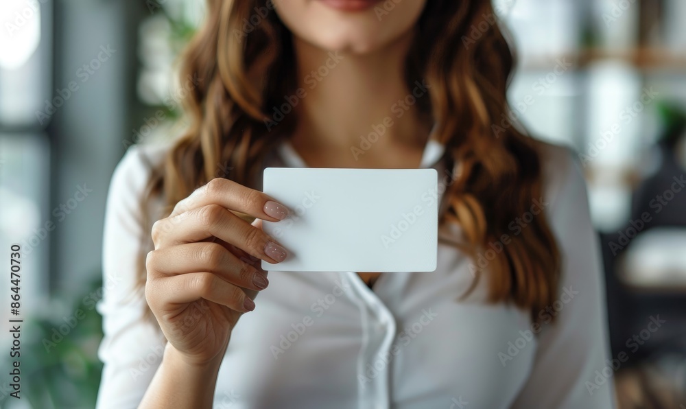 Close-up of Businesswoman Holding Visiting Card in Light Office Background Close-up of Businesswoman Holding Visiting Card in Light Office Background