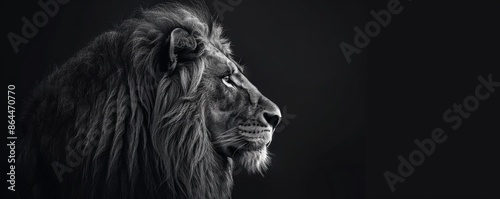 Profile of a majestic lion in monochrome, close-up side view. Wildlife photography art