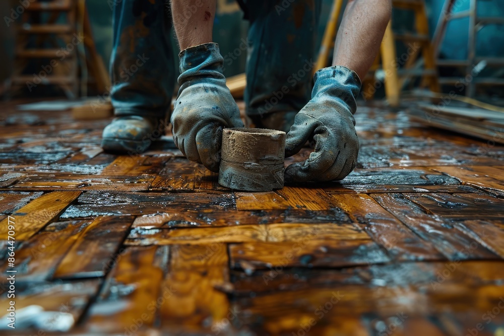 A close-up image of a worker in gloves, meticulously restoring a wooden floor with various tools, highlighting the fine craftsmanship and attention to detail involved. A close-up image of a worker in gloves, meticulously restoring a wooden floor with various tools, highlighting the fine craftsmanship and attention to detail involved.
