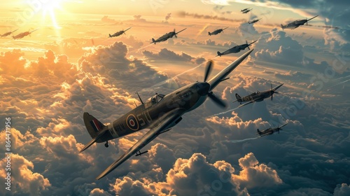 A nostalgic National Aviation Day poster featuring classic World War II fighter planes in a dramatic dogfight above the clouds.