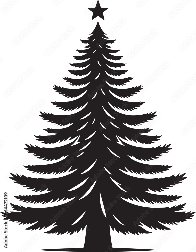Obraz premium Minimalist Christmas tree silhouette with star topper, black evergreen pine tree icon, festive winter holiday fir tree vector graphic on white background