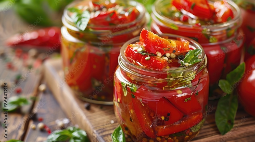 Red bell pepper pickled with herbs in a container Red bell pepper pickled with herbs in a container