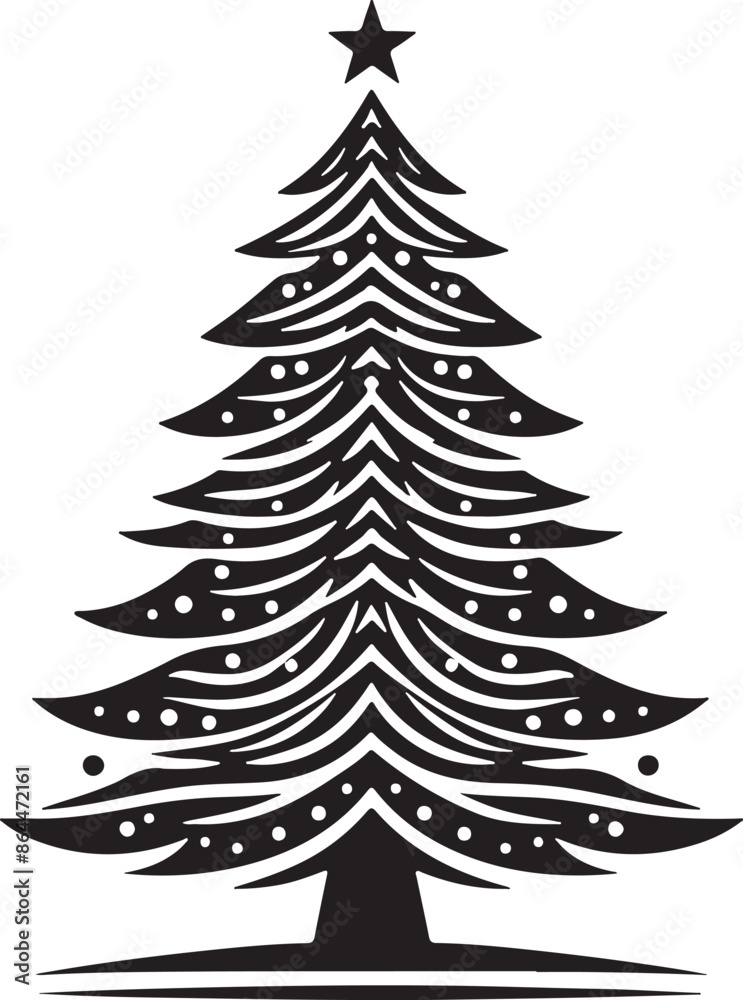 Obraz premium Stylized Christmas tree silhouette with star topper, black and white holiday pine tree icon, decorative winter fir tree vector illustration