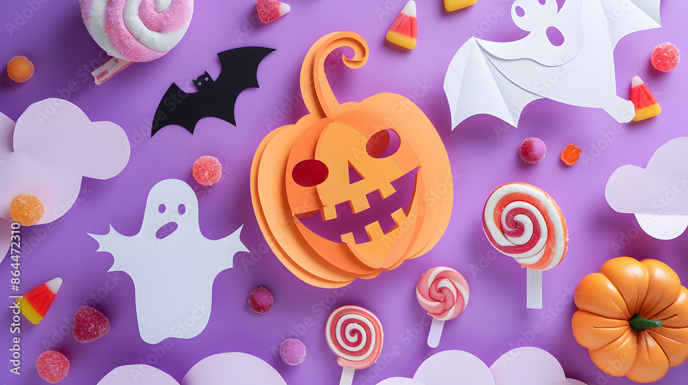 Halloween background for party invitation, greeting card, web banner or Sales with candies in night clouds, cutest pumpkins, bats, ghosts on violet background. Paper cut style, digital craft style Halloween background for party invitation, greeting card, web banner or Sales with candies in night clouds, cutest pumpkins, bats, ghosts on violet background. Paper cut style, digital craft style