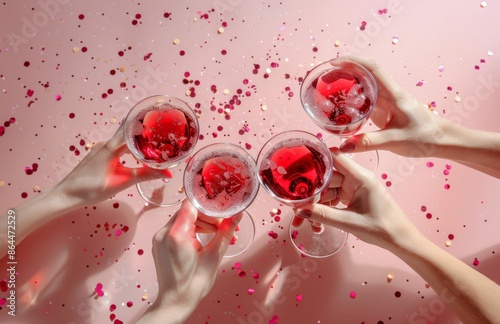 Hands Toasting With Pink Champagne and Confetti