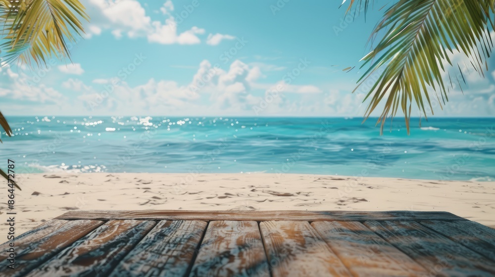 Fototapeta premium Tranquil Summer Beach Scene with Wooden Table Overlooking Blue Ocean, Sandy Background with Palm Leaves
