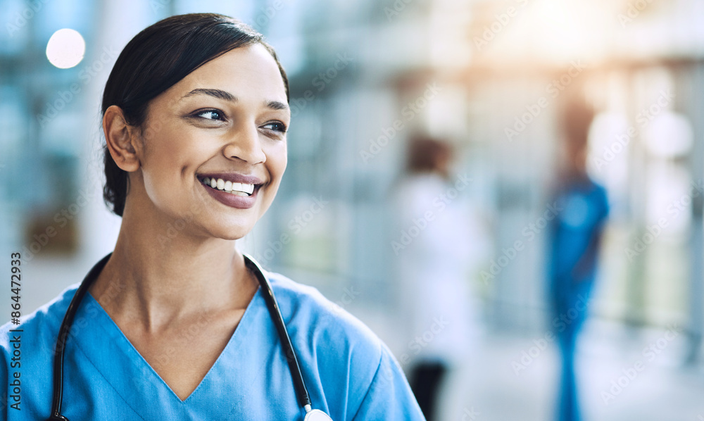 Happy, woman and nurse in hospital for medical career with growth, positive and confident attitude. Smile, pride and professional female healthcare worker in nursing internship at clinic in Colombia. Happy, woman and nurse in hospital for medical career with growth, positive and confident attitude. Smile, pride and professional female healthcare worker in nursing internship at clinic in Colombia.