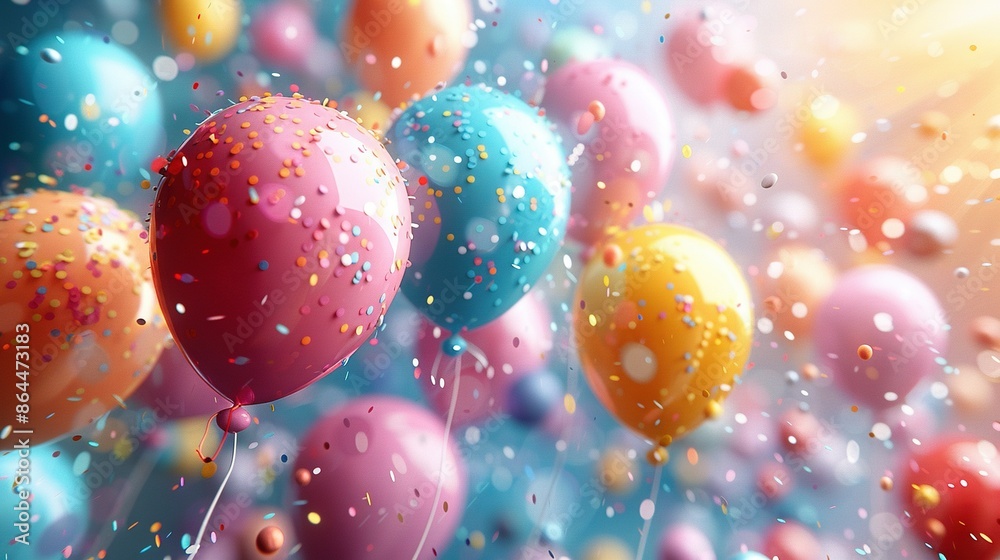 A sky filled with colorful balloons and sprinkles, set against a blurred backdrop of blue, yellow, pink, and orange A sky filled with colorful balloons and sprinkles, set against a blurred backdrop of blue, yellow, pink, and orange