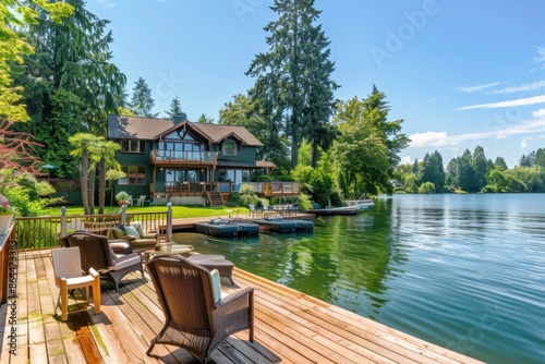 Fototapeta Naklejka Na Ścianę i Meble -  A beautiful house on the water with an oversized dock and a boat at its edge, surrounded by trees The deck features various seating areas for relaxing or socializing during summer nights Generative AI