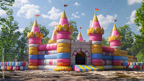 Inflatable castle playground in sunny forest. Generative by AI