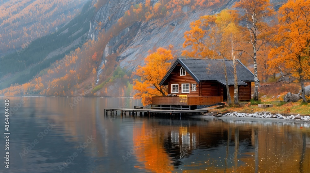 A picturesque, secluded cabin by a tranquil lake offers a serene escape amidst vibrant autumn foliage. A picturesque, secluded cabin by a tranquil lake offers a serene escape amidst vibrant autumn foliage.