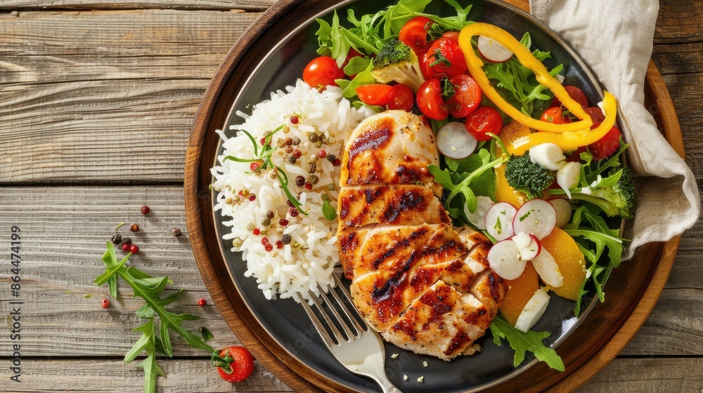 A meal comprising chicken rice and salad served on a wooden table A meal comprising chicken rice and salad served on a wooden table