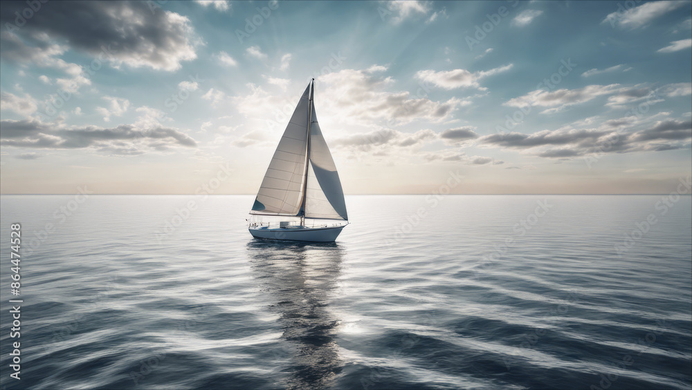 Obraz premium A sailboat in the vast ocean, with the sky and clouds.