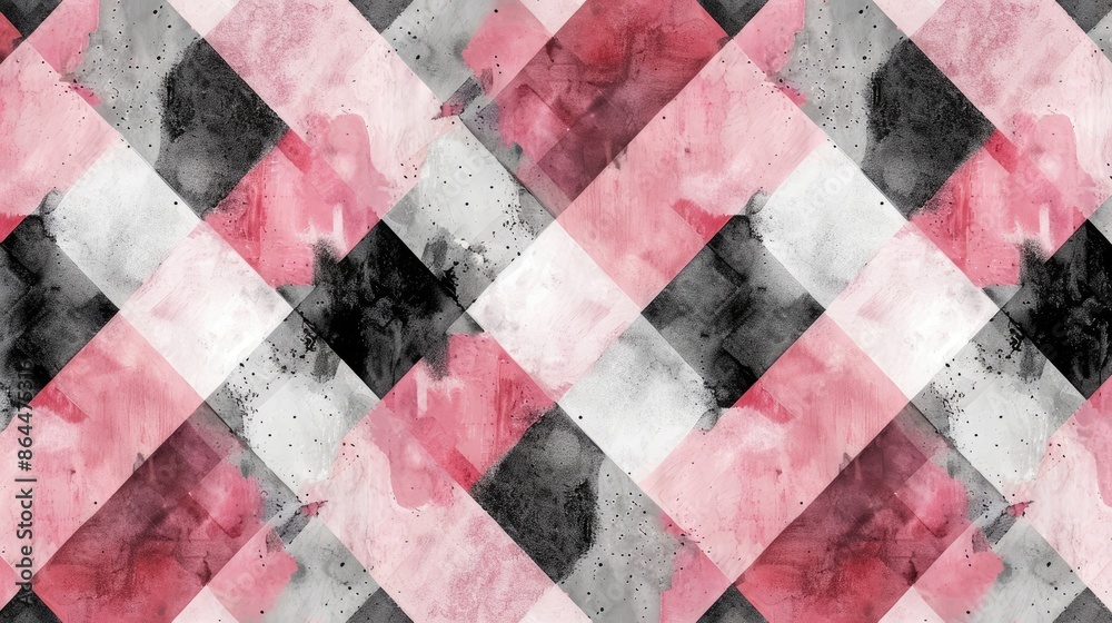 Fototapeta premium Vibrant argyle plaid pattern with a watercolor hand drawn design in pink black and grey Ideal for cloth design wallpaper and wrapping