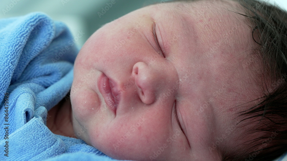 Serene close-up of a newborn sleeping peacefully, capturing the delicate features and pure innocence of new life in a moment of tranquility Serene close-up of a newborn sleeping peacefully, capturing the delicate features and pure innocence of new life in a moment of tranquility