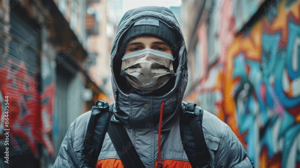 Street editorial, model in edgy techwear, background is an urban graffiti alley, clothing has an aggressive design, dynamic and vibrant scene, model is wearing a face mask Street editorial, model in edgy techwear, background is an urban graffiti alley, clothing has an aggressive design, dynamic and vibrant scene, model is wearing a face mask
