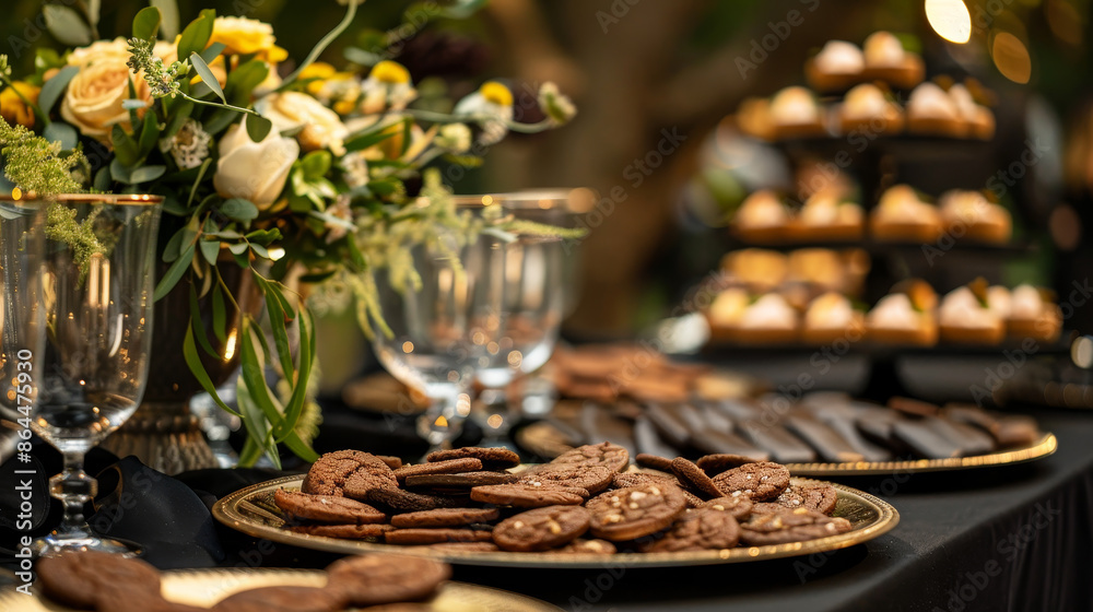 A table with a variety of desserts, including cookies and cupcakes