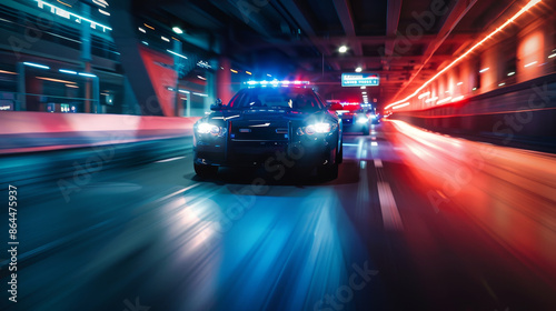 A police car is speeding down a highway with its lights on photo