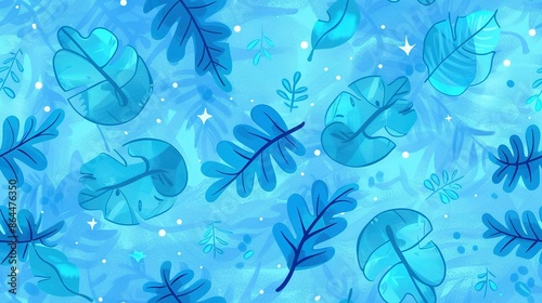  A beautiful painting of blue leaves and stars against a dark blue backdrop, accented with a bright white dot at the bottom