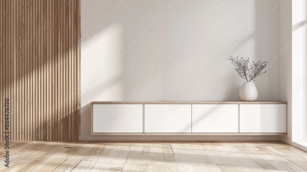 Minimalist living room interior with wooden flooring and white cabinet Minimalist living room interior with wooden flooring and white cabinet
