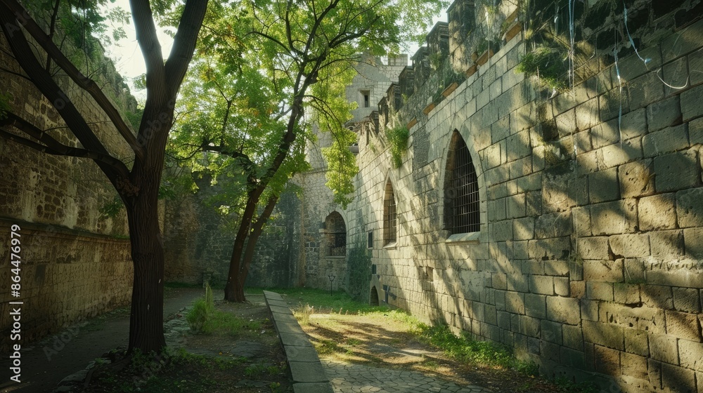 Architectural Features in a Medieval Fortress with Tree Shadows in the Park Architectural Features in a Medieval Fortress with Tree Shadows in the Park