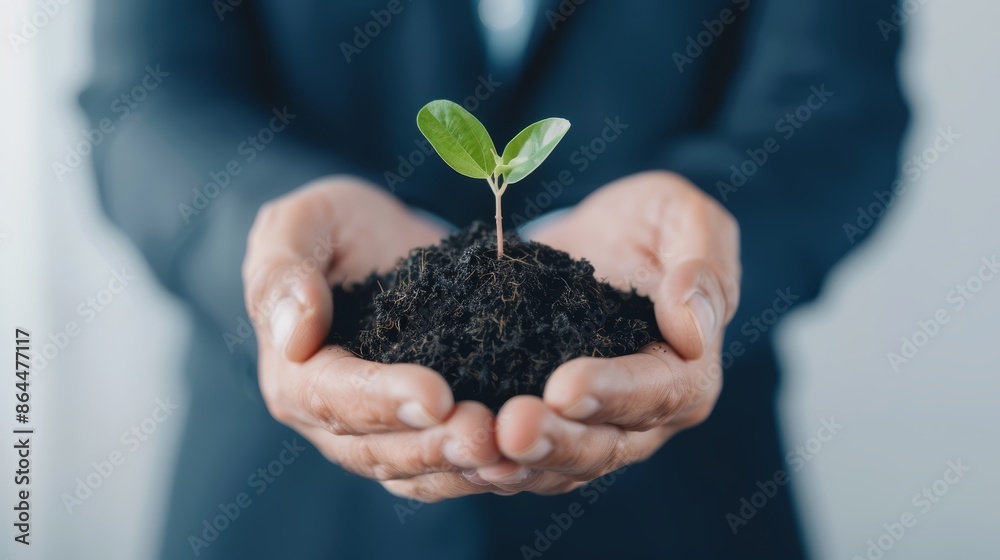 Businessman holding a small plant and soil with blurred background, symbolizing care and growth, 4k Businessman holding a small plant and soil with blurred background, symbolizing care and growth, 4k