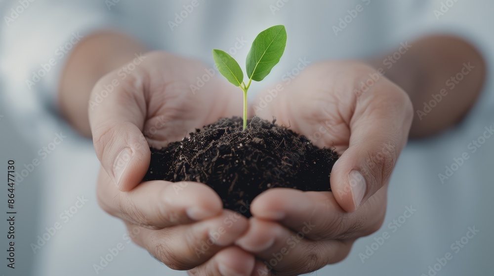 Businessman holding a small plant and soil with blurred background, symbolizing care and growth, 4k Businessman holding a small plant and soil with blurred background, symbolizing care and growth, 4k