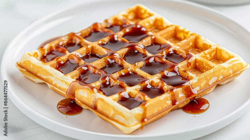 Close-up of golden waffles, drizzled with rich caramel sauce, perfectly crisp and tender, served on a white plate, ideal for breakfast or brunch, inviting and mouthwatering presentation Close-up of golden waffles, drizzled with rich caramel sauce, perfectly crisp and tender, served on a white plate, ideal for breakfast or brunch, inviting and mouthwatering presentation