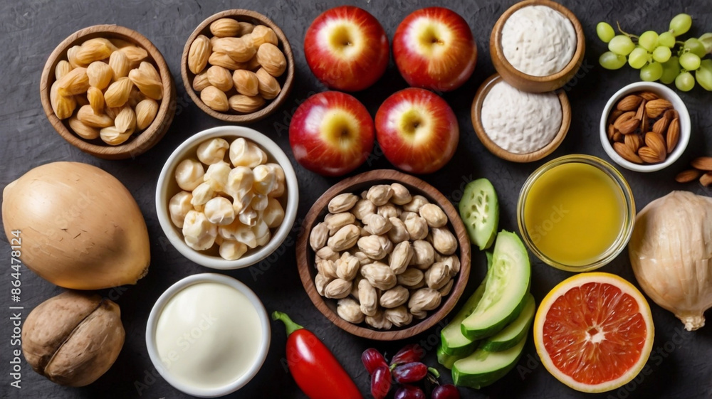 Selection of food that is good for the health and skin Selection of food that is good for the health and skin