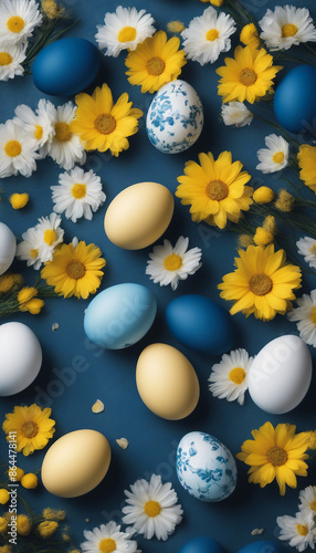 Easter poster vertical banner design Blue and white Easter eggs with yellow flowers on dark blue bac