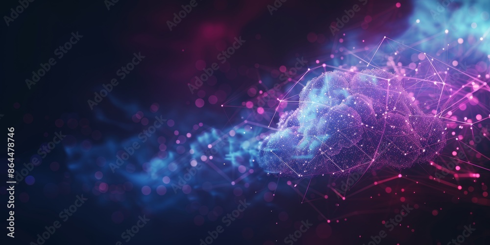 Obraz premium Cloud Computing Visualization Abstract cloud icon with interconnected lines and data nodes, glowing softly. 