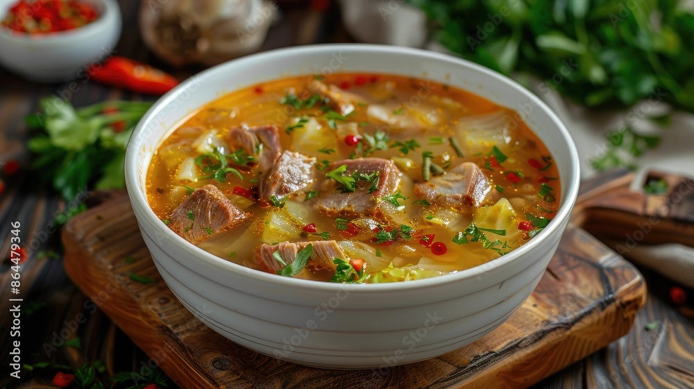 Cabbage soup with pork ribs served in white bowl on wooden table Cabbage soup with pork ribs served in white bowl on wooden table