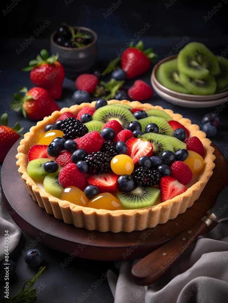 Vibrant Mixed Fruit Tart with Kiwi, Berries, and Peach Glaze. Vibrant Mixed Fruit Tart with Kiwi, Berries, and Peach Glaze.