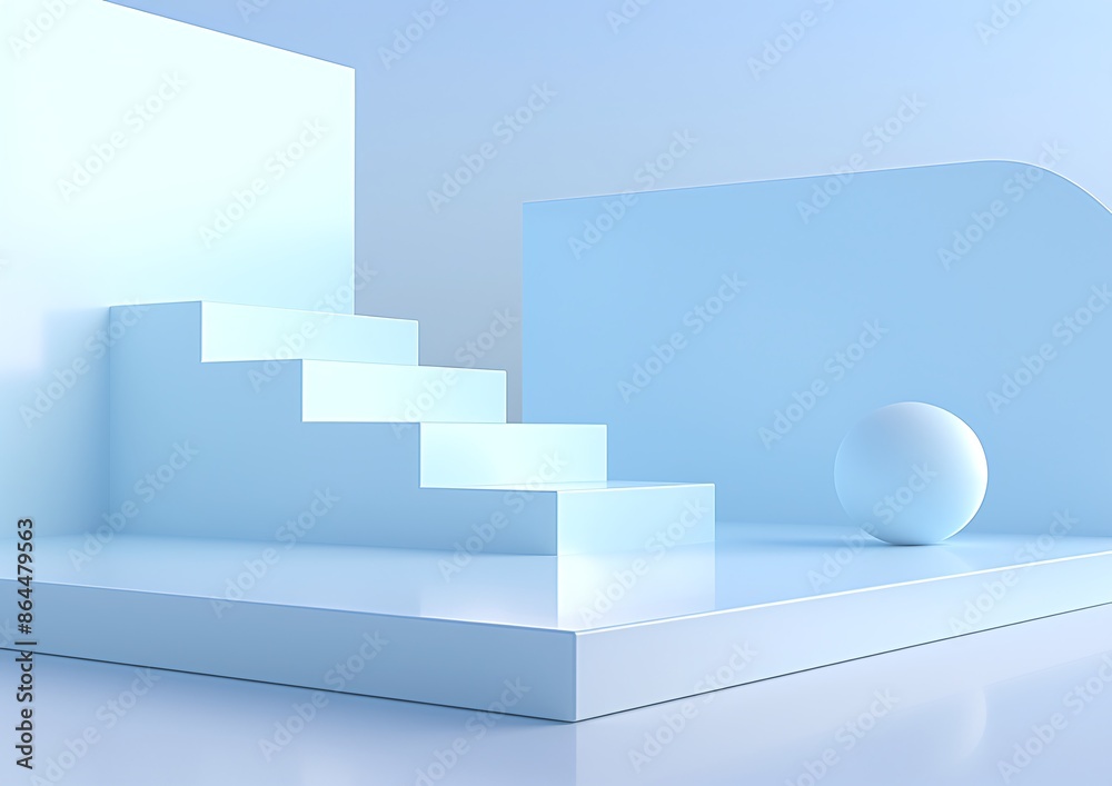 Fototapeta premium Minimalist Geometric Scene with Blue Stairs and Sphere in Modern Abstract Design