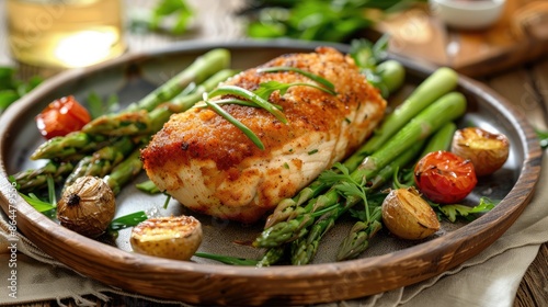 Cutlet de Volaille, wrapped chicken cutlet served with cooked green asparagus on wooden table