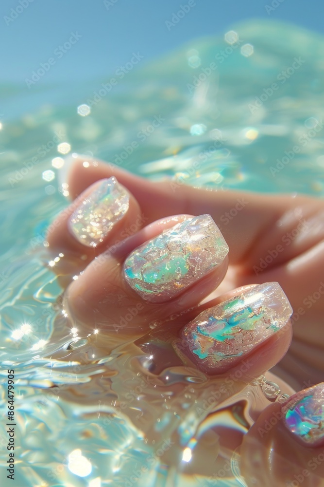 Female hand with glitter nail design for vacation. Manicure with glossy nail polish. Female model hand in water. Female hand with glitter nail design for vacation. Manicure with glossy nail polish. Female model hand in water.