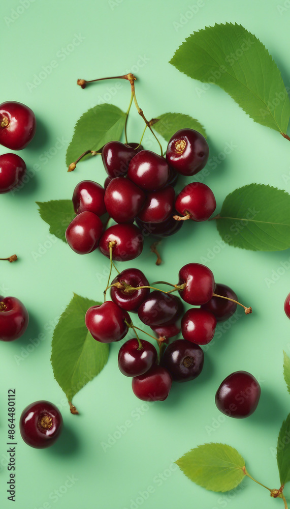 Flat lay cherry berries and leaves on pastel green background Top view ripe red cherries on table Flat lay cherry berries and leaves on pastel green background Top view ripe red cherries on table