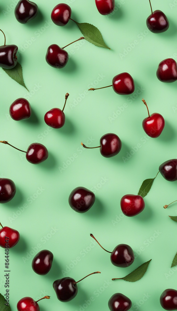 Flat lay cherry berries and leaves on pastel green background Top view ripe red cherries on table Flat lay cherry berries and leaves on pastel green background Top view ripe red cherries on table