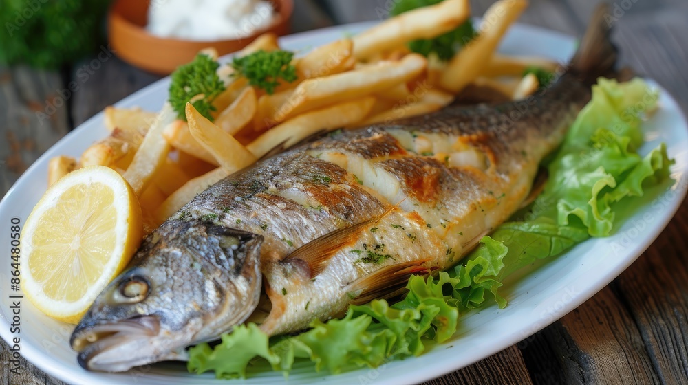 Fried sea bass served on lettuce with French fries, lemon and mayonnaise on white plate on wooden table Fried sea bass served on lettuce with French fries, lemon and mayonnaise on white plate on wooden table