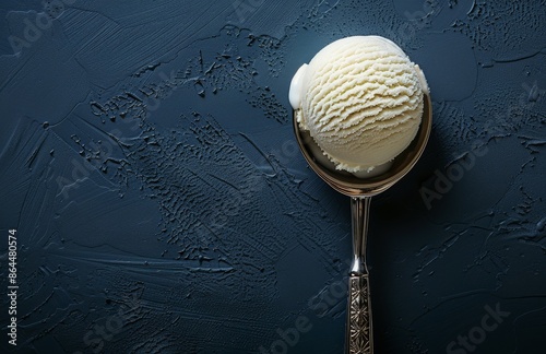 Single Scoop of Vanilla Ice Cream in Blue Bowl on Dark Background