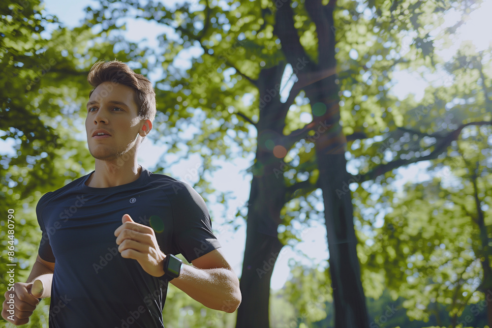 athlete wearing an advanced glucose monitoring smartwatch while running in a park. The smartwatch screen is visible, displaying glucose levels alongside other fitness metrics like athlete wearing an advanced glucose monitoring smartwatch while running in a park. The smartwatch screen is visible, displaying glucose levels alongside other fitness metrics like