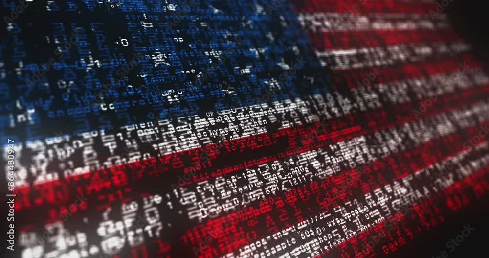 USA USA flag waving secure code. USA United Statest of America blowing banner cyber security attack and hack concept animation.
