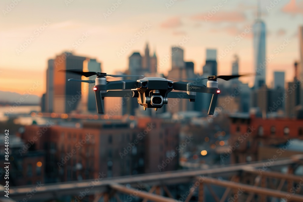Fototapeta premium A modern drone with a camera hovers over a cityscape, capturing breathtaking sunset views. Generative AI