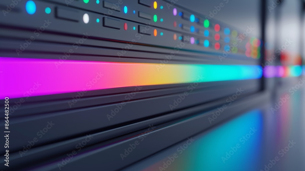 Control panel in a state-of-the-art data center lit by a spectrum of LED lights, each color indicating system status, surrounded by sophisticated technology Control panel in a state-of-the-art data center lit by a spectrum of LED lights, each color indicating system status, surrounded by sophisticated technology