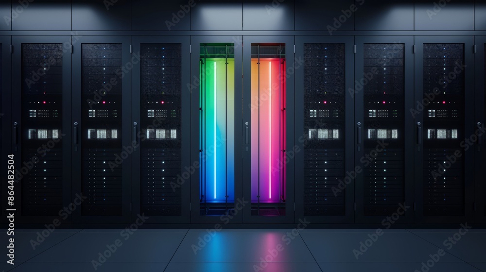 Control panel in a state-of-the-art data center lit by a spectrum of LED lights, each color indicating system status, surrounded by sophisticated technology